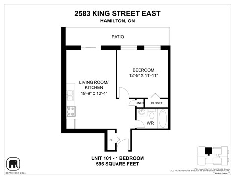A floor plan for a 596 square foot unit at 2583 King Street East in Hamilton, Ontario.